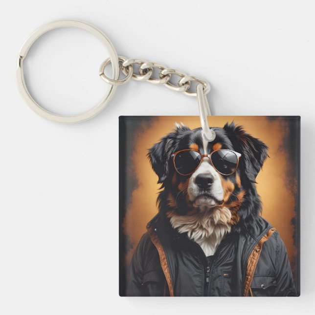 Bernese Mountain Dog Wearing Jacket And Sunglasses Key Ring (Front)