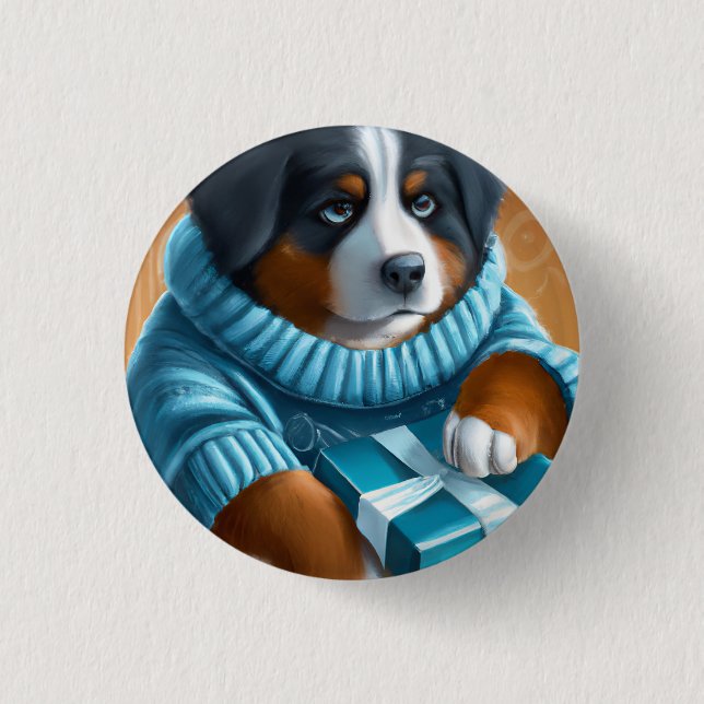 Bernese Mountain Dog With Holiday Present 3 Cm Round Badge (Front)