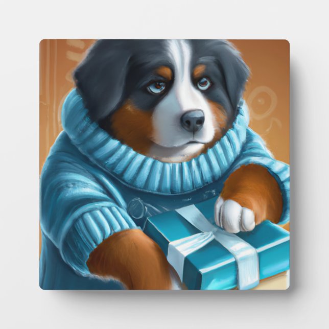 Bernese Mountain Dog With Holiday Present Plaque (Front)