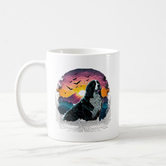Bernese Mountain Dog with Mountain Sunrise view Coffee Mug (Left)