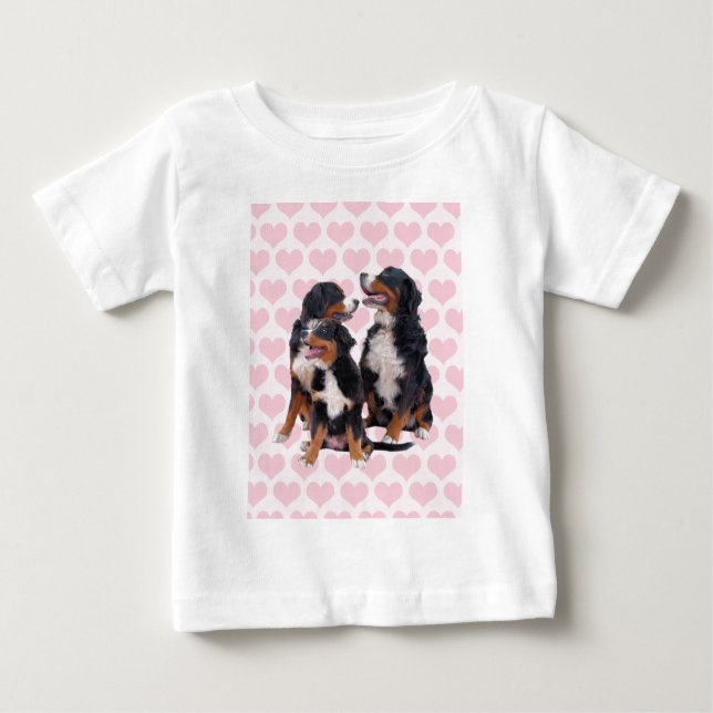 Bernese Mountain Dogs with Pink Hearts Baby T-Shirt (Front)