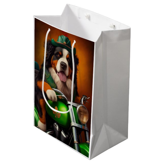 Bernese Mountain Driving Bike St. Patrick's Day Medium Gift Bag (Front Angled)