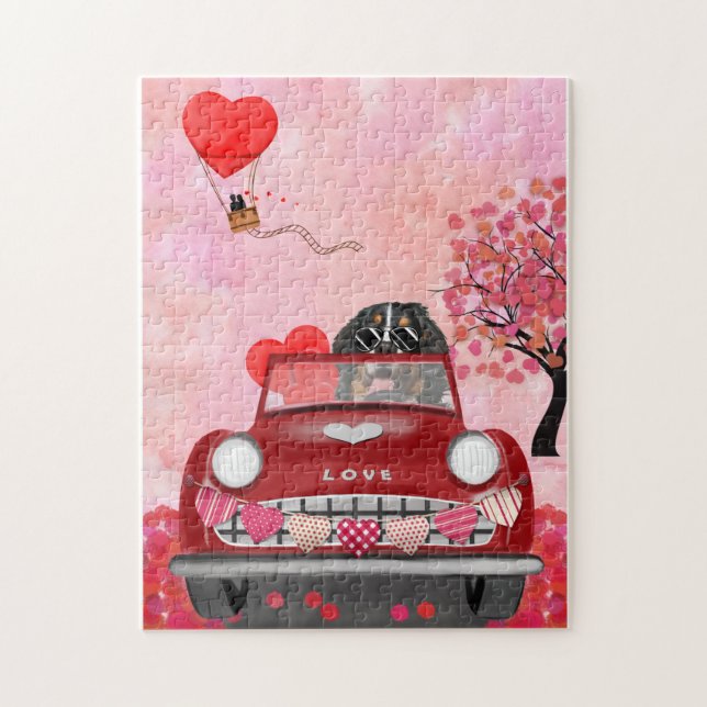 Bernese Mountain Driving Car with Hearts Valentine Jigsaw Puzzle (Vertical)