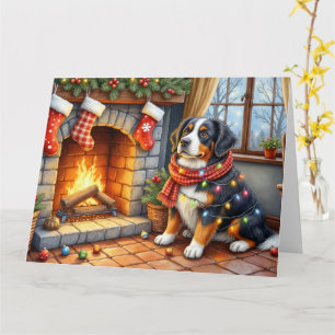 Bernese Mountain Fireplace with Christmas Lights Card