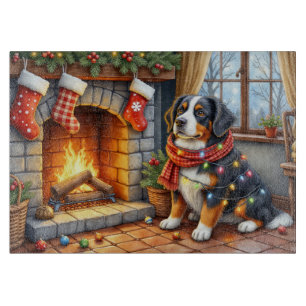 Bernese Mountain Fireplace with Christmas Lights Cutting Board