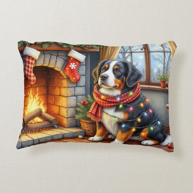 Bernese Mountain Fireplace with Christmas Lights Decorative Cushion (Back)