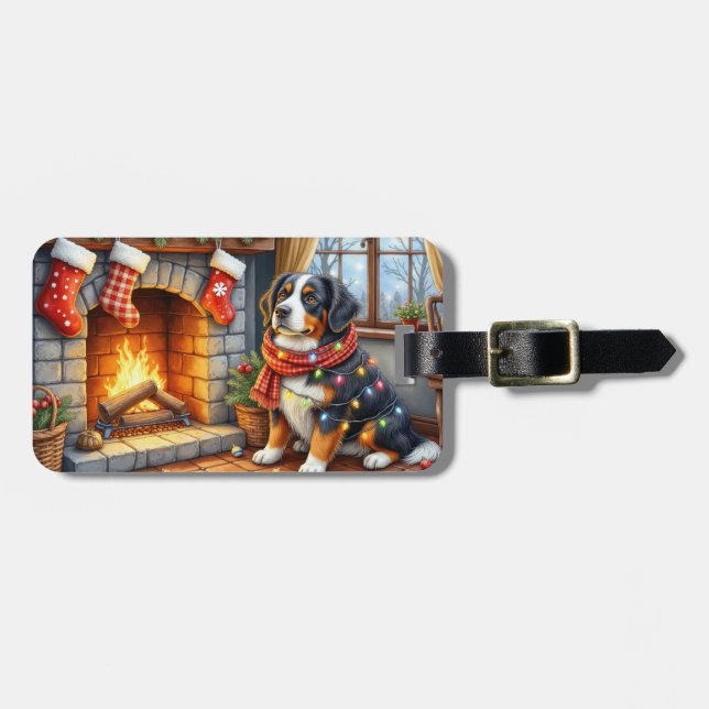 Bernese Mountain Fireplace with Christmas Lights Luggage Tag (Front Horizontal)