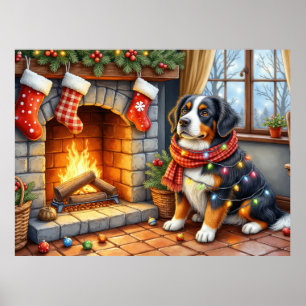 Bernese Mountain Fireplace with Christmas Lights Poster