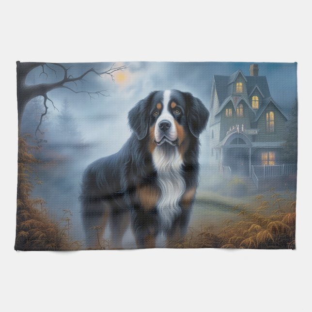 Bernese Mountain Halloween Scary Tea Towel (Horizontal)