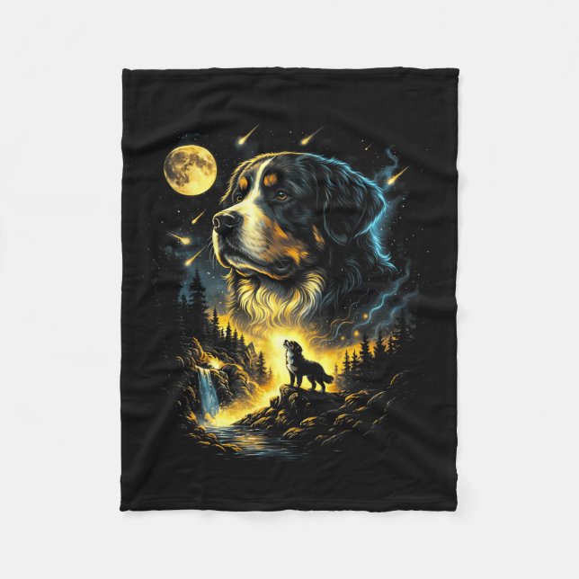 Bernese mountain howling to the moon fantasy dog fleece blanket (Front)