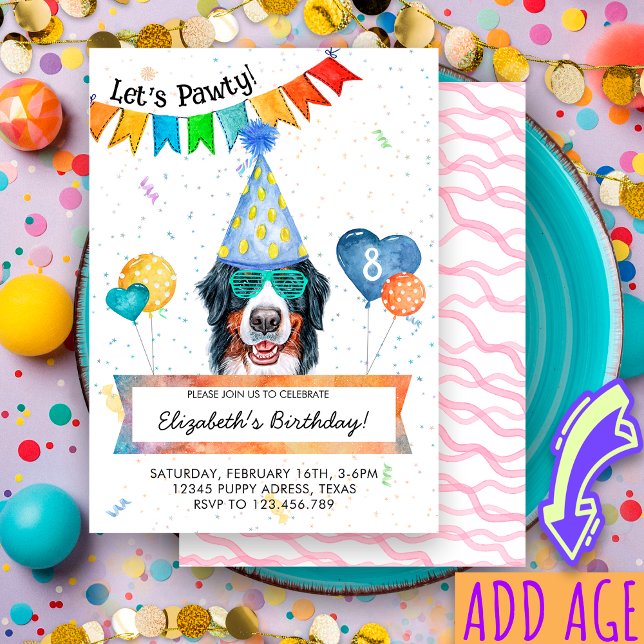 Bernese Mountain Lets Pawty Dog Birthday Party Invitation (Creator Uploaded)