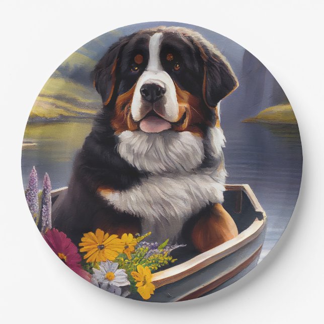 Bernese Mountain on a Paddle: A Scenic Adventure Paper Plate (Front)