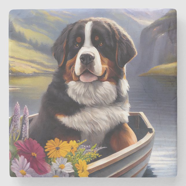 Bernese Mountain on a Paddle: A Scenic Adventure Stone Coaster (Front)