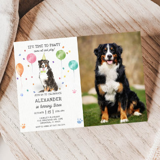 Bernese Mountain Pawty Puppy Birthday Pink Photo Invitation