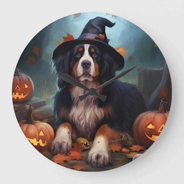 Bernese Mountain Pumpkins Halloween Scary Large Clock (Front)