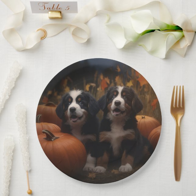 Bernese Mountain Puppy Autumn Delight Pumpkin Paper Plate (Wedding)