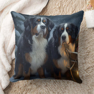 Bernese Mountain Snowy Sleigh Christmas Decor Cushion
