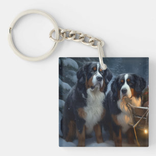 Bernese Mountain Snowy Sleigh Christmas Decor  Key Ring