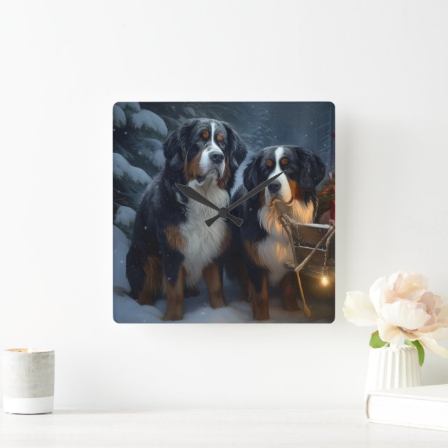 Bernese Mountain Snowy Sleigh Christmas Decor  Square Wall Clock (Home)