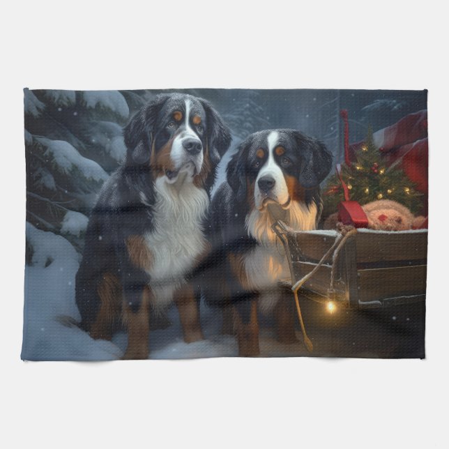 Bernese Mountain Snowy Sleigh Christmas Decor  Tea Towel (Horizontal)