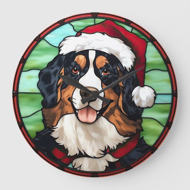 Bernese Mountain Stained Glass Christmas Large Clock (Front)