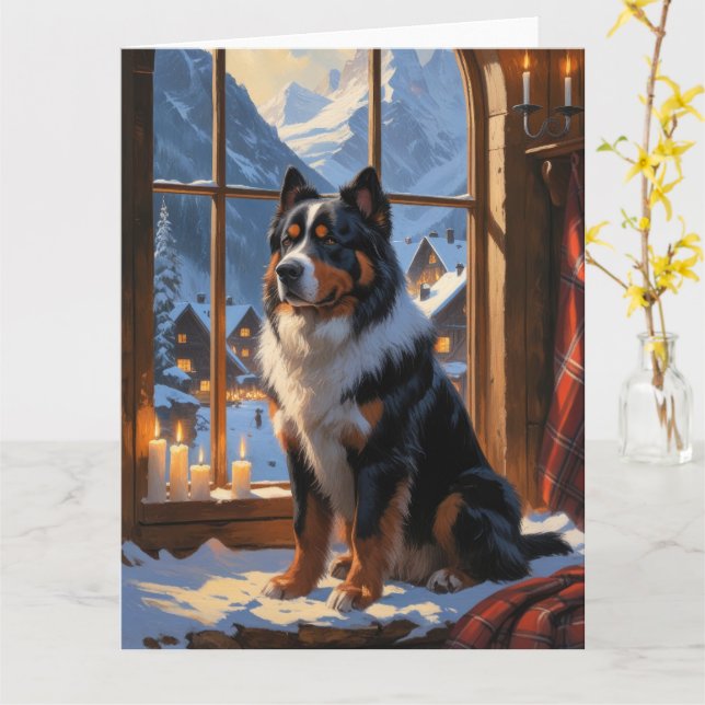 Bernese Mountain With Christmas Lights Holiday  Card (Yellow Flower)