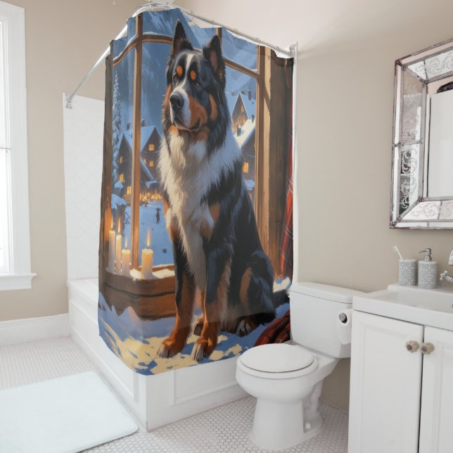 Bernese Mountain With Christmas Lights Holiday  Shower Curtain (In Situ)