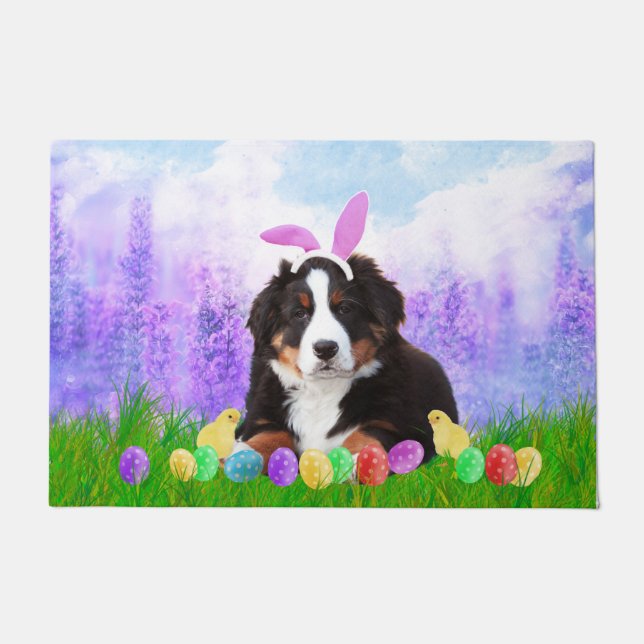 Bernese Mountain with Easter Eggs Bunny Chicks Doormat (Front)