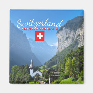 Bernese Oberland landscape, Switzerland with flag Magnet