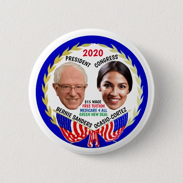 Bernie Sanders / AOC 2020 6 Cm Round Badge (Front)