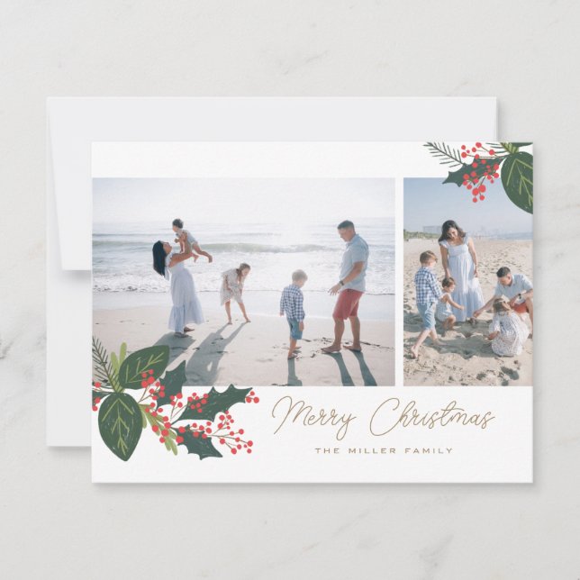 Berries 2 Photo Collage Flat Holiday Card (Front)