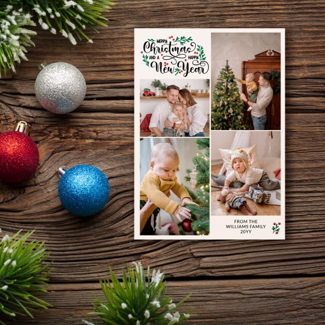 Berries 4 Photos Merry Christmas Happy New Year Holiday Card (Creator Uploaded)