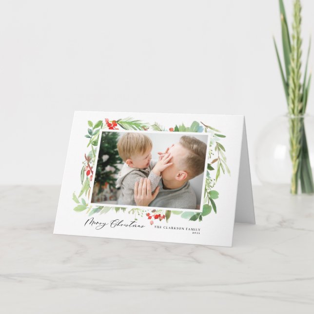 Berries and Greenery Frame Merry Christmas Photo Holiday Card (Front)