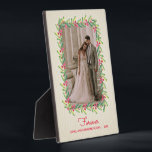 Berries and Greenery Photo with Easel Plaque<br><div class="desc">This charming tabletop photo easel features a watercolor design of green leaves and berries around your favourite VERTICAL photo on a simple pale ivory stripe background. CHANGE the saying, the fonts and font colour. Great as a gift or to display your favourite photo in your own home. **HORIZONTAL template available...</div>