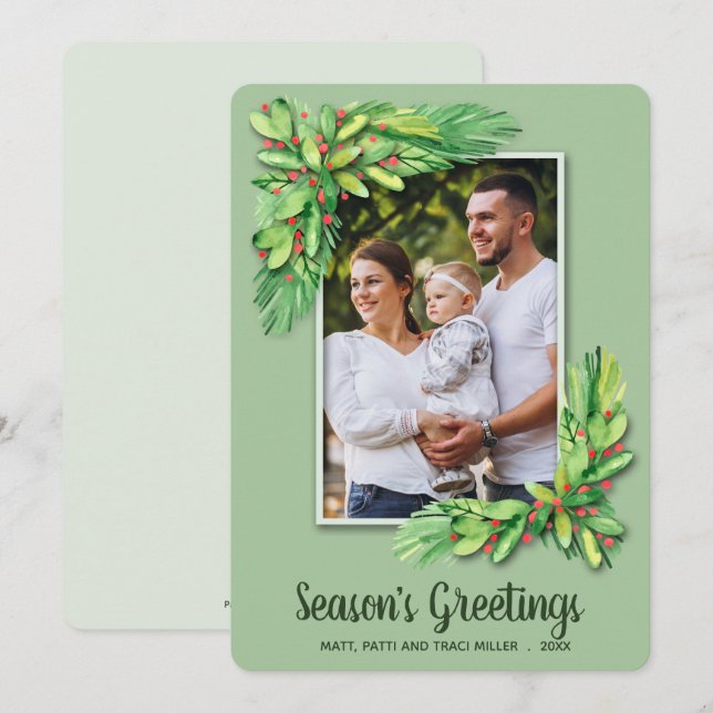 Berries and Greens Christmas Photo Holiday Card (Front/Back)