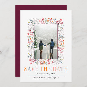 Berries and leaves border burgundy winter wedding save the date