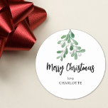 Berries and Leaves Personalised Christmas Classic Round Sticker<br><div class="desc">This simple Christmas Sticker is decorated with watercolor mistletoe leaves and berries.
Easily customisable.
Great for use as gift tags,  party favour tags,  envelope seals,  and more!
As we create our artwork you won't find this exact image from other designers.
Original Watercolor © Michele Davies.</div>