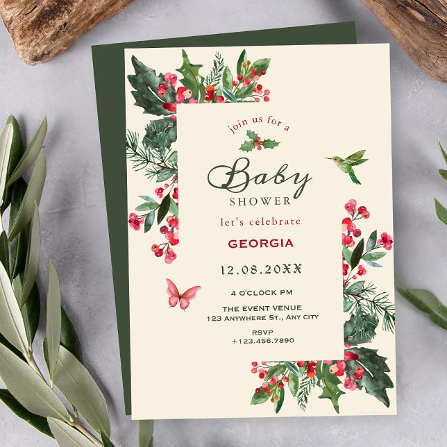 Berries branch floral baby shower invitation (Creator Uploaded)