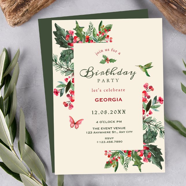Berries branch floral birthday invitation (Creator Uploaded)