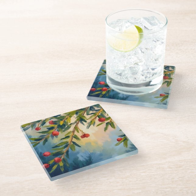 Berries & Greenery | Merry Christmas Glass Coaster (Angled)