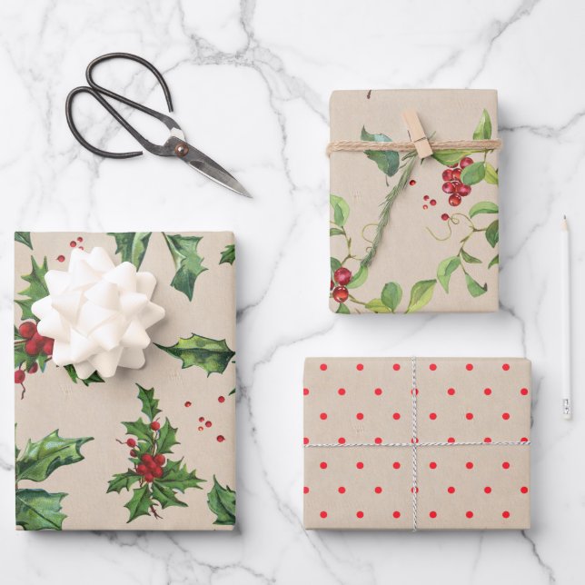 Berries, Holly, Foliage and Dots on Kraft Wrapping Paper Sheet (Front)