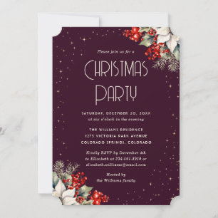 Berries Holly Poinsettia Purple Christmas Party Invitation