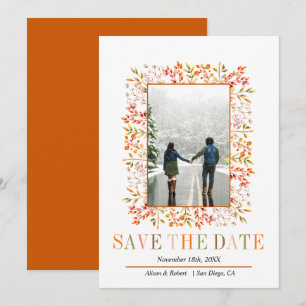 Berries, leaves border burnt orange fall wedding save the date