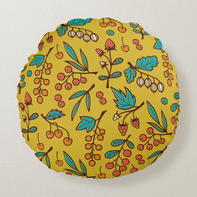 Berries on branches, seamless nature pattern. round cushion (Front)