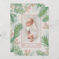 Berries Pines Christmas Photo Birth Announcements