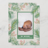 Berries Pines Holiday Photo Birth Announcements