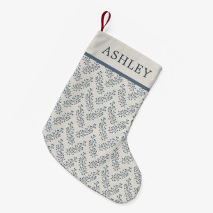 Berries Sprig Pattern Blue Cream Custom Name Small Christmas Stocking