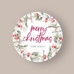 Berries Wreath Calligraphy Merry Christmas Classic Round Sticker<br><div class="desc">Add a sprinkle of artistry to your festive season with our enchanting personalised Christmas circle sticker. Lovingly crafted, each sticker showcases a mesmerising watercolor Christmas wreath, capturing the delicate hues and whimsy of the holiday spirit. Central to this artistic creation, the phrase “Merry Christmas” is elegantly penned in modern script,...</div>