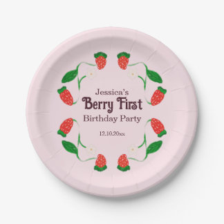 Berry 1st Birthday Art Nouveau Cute Pink Paper Plate