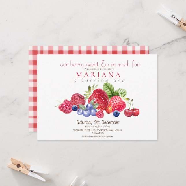 Berry 1st Birthday Party Berry Sweet  Invitation (Front/Back In Situ)
